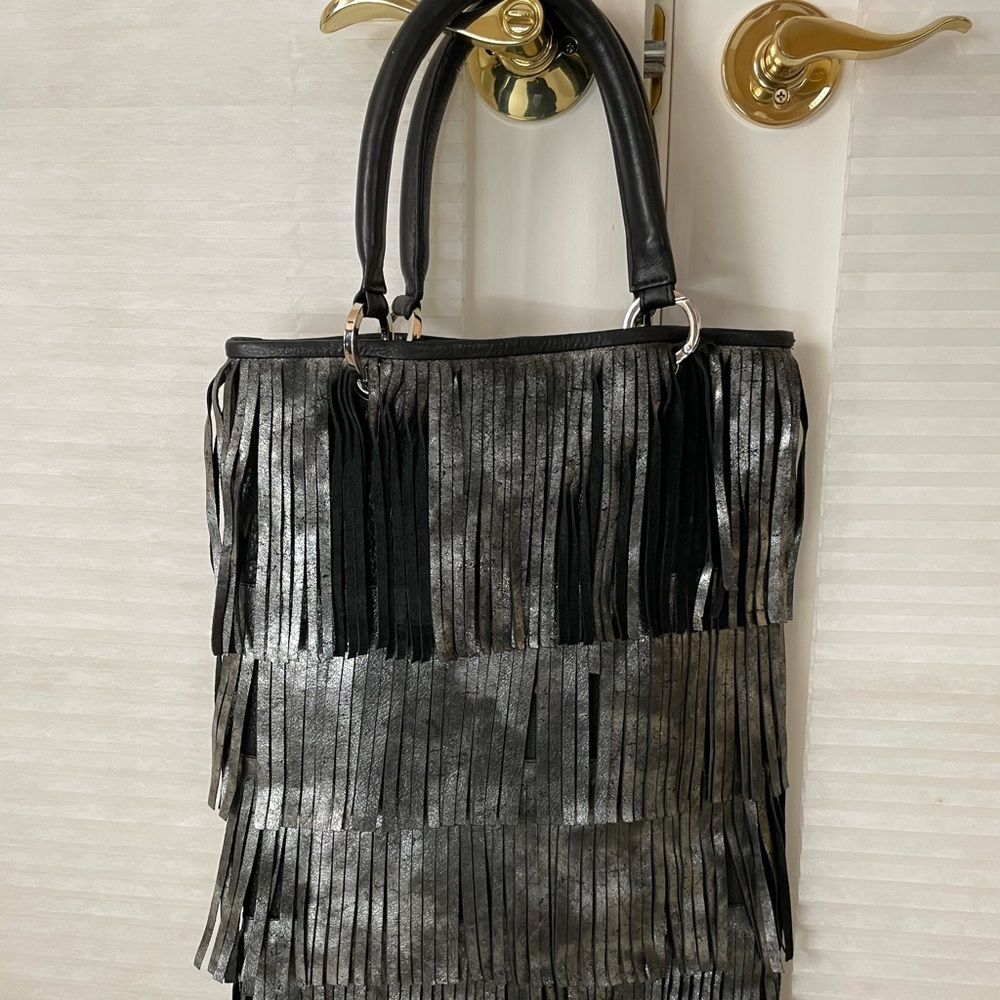 Black Metallic Fringe Bag by Rossi